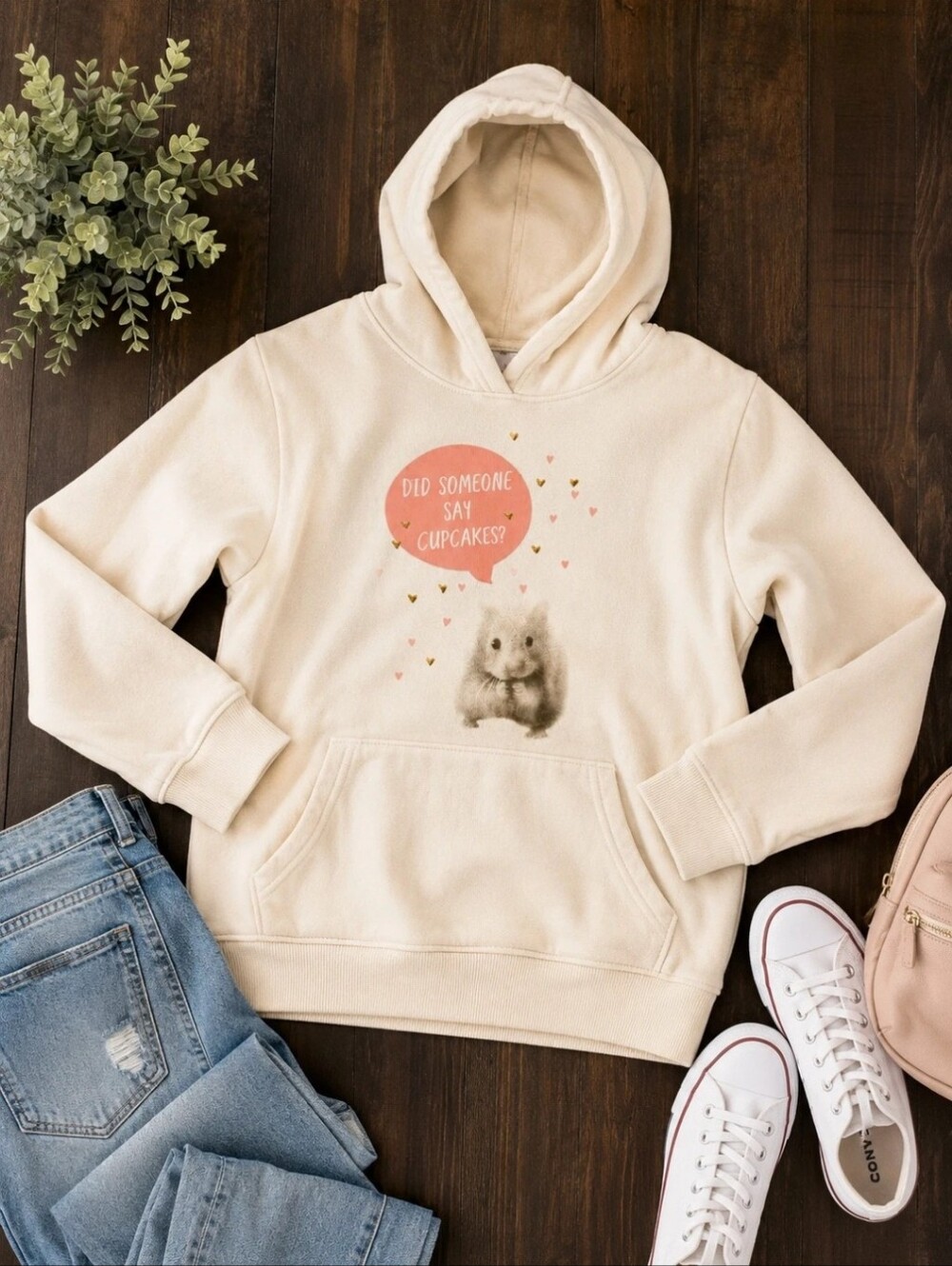 bcg Cream Hoodie with Pink Speech Bubble and Gold Hearts
